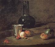Jean Baptiste Simeon Chardin Wine glass bottles fitted five silver Cherry wine a two peach apricot, and a green apple USA oil painting artist